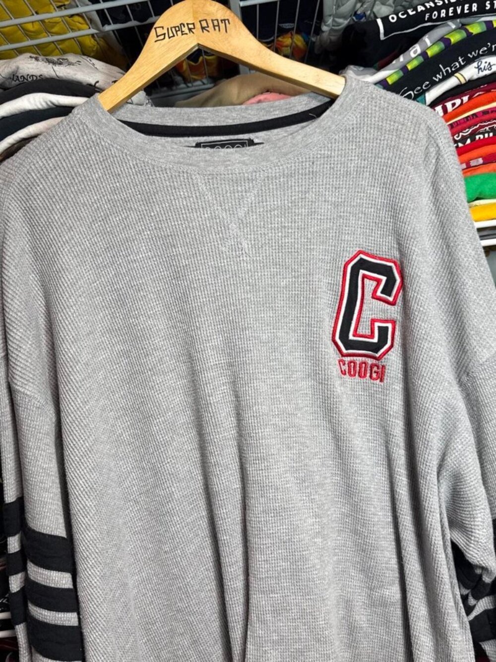 Grey Coogi thick thermal long sleeve shirt with striped arms